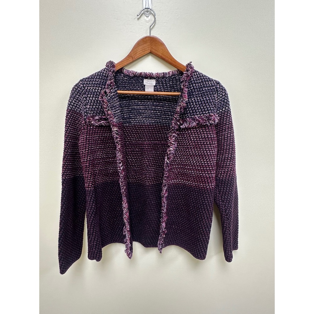 Chicos Purple Ombre Fringe Trim Open Front Cardigan Sweater Size 0 Small